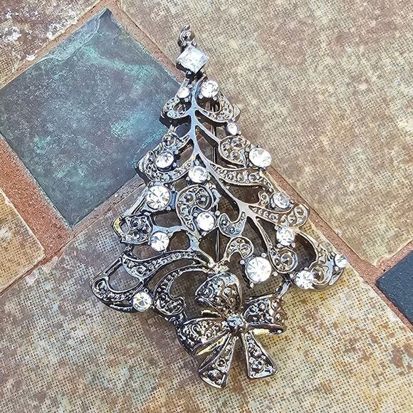 Vintage Antiqued Christopher Radko Christmas Tree Holiday Brooch w/ Rhinestones - Picture 1 of 3